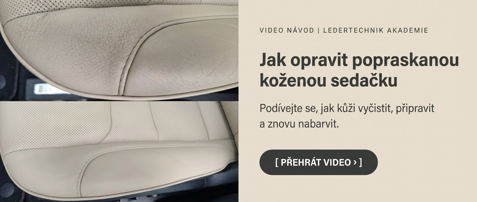 Porovnání popraskané a po renovaci hladké světlé kožené autosedačky.