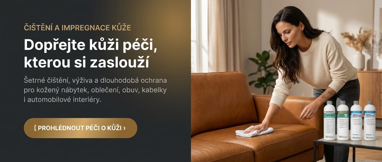 Žena ošetřuje hnědou koženou sedačku; péče o hladkou kůži pro nábytek, obuv a kožené doplňky.