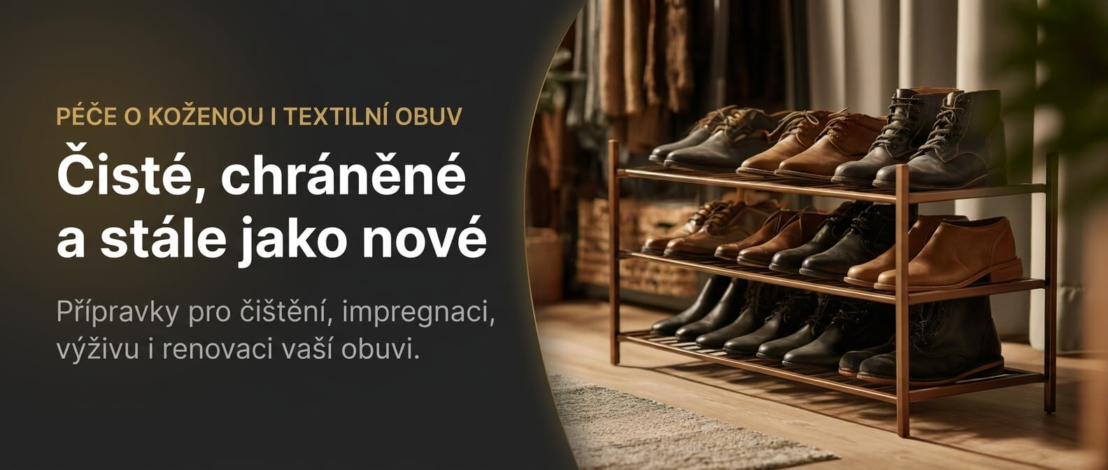 Přípravky pro péči o koženou i textilní obuv – čisté a uspořádané kožené boty v botníku
