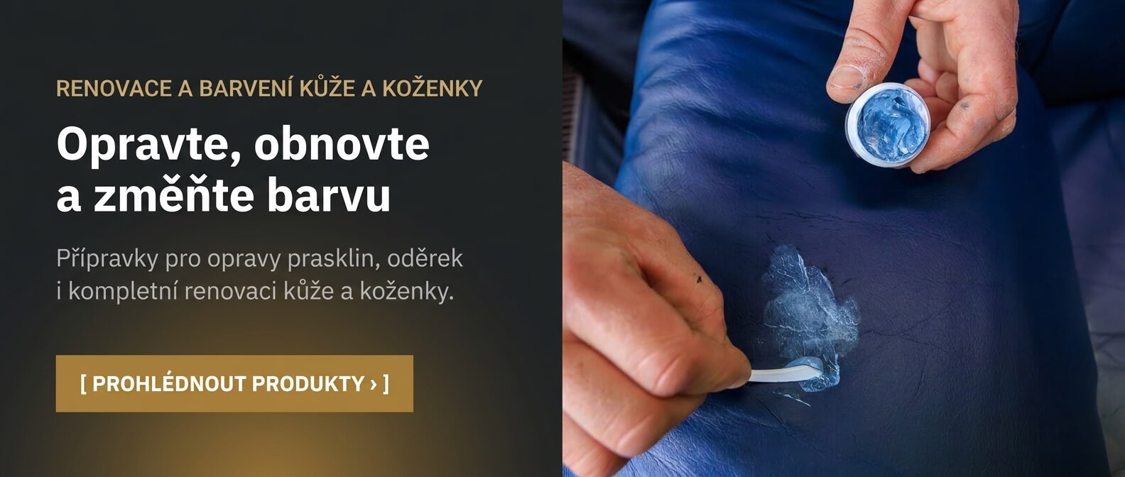 Nanášení opravné hmoty špachtlí na tmavě modrý kožený povrch.