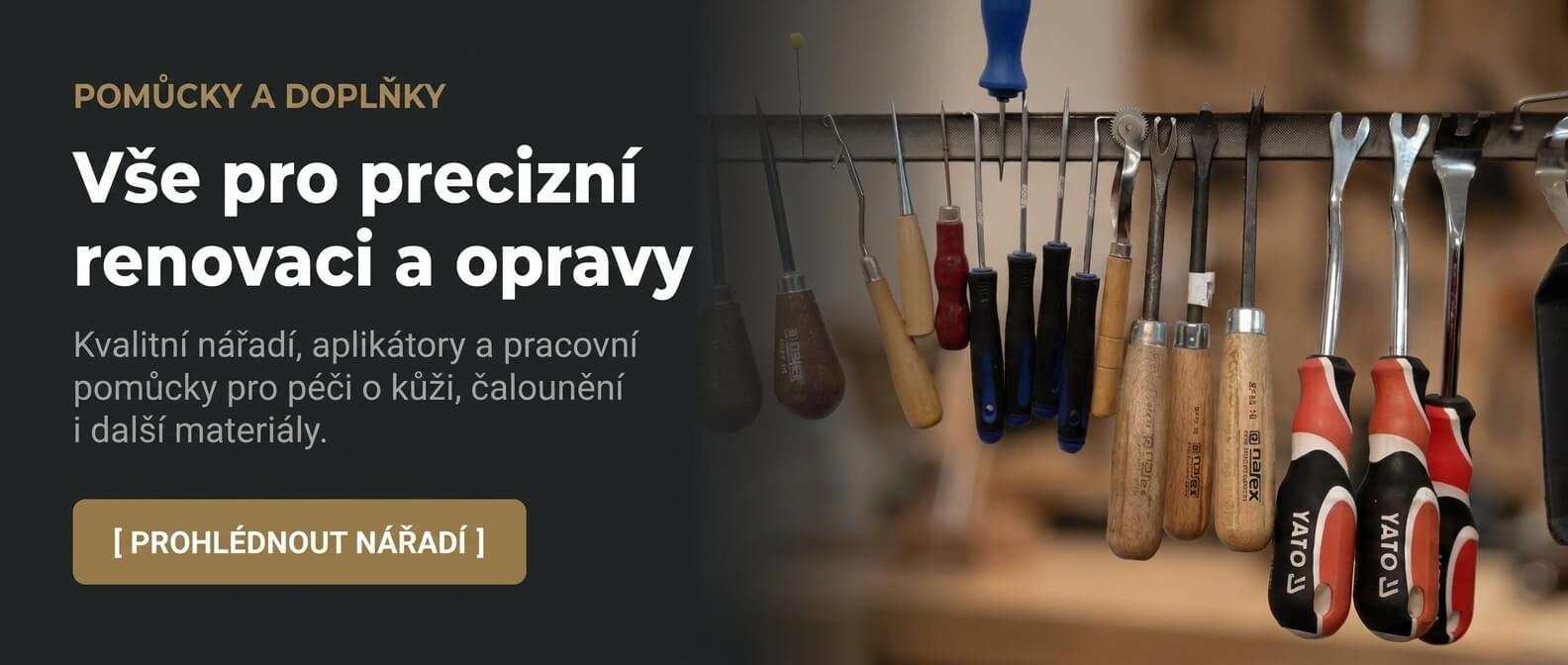 Specializované ruční nářadí pro renovaci kůže a čalounění uspořádané na dílenské liště.