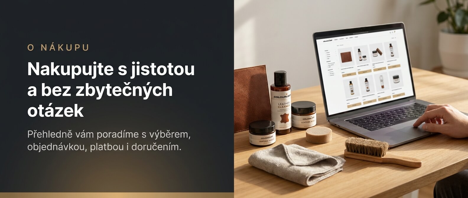 Notebook s výběrem produktů pro péči o kůži, doplněný skutečnými přípravky Colourlock, vzorkem kůže a pomůckami na pracovním stole.