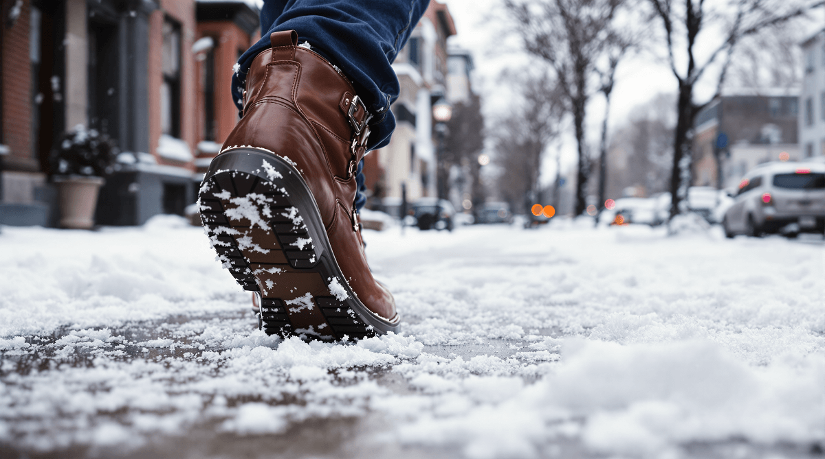 Chůze ve sněhu v kožených botách