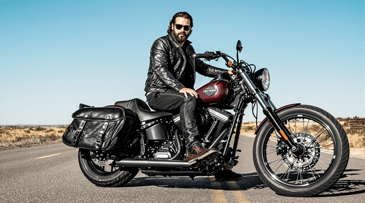 Fousatý motorkář na Harley Davidson s koženými kufry a v koženém oblečení