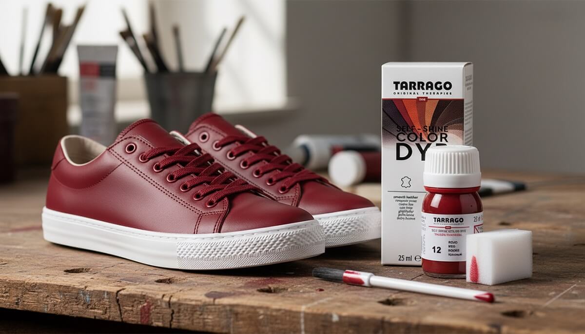 Tarrago Dye barva na koženou obuv červená, v pozadí boty ve stejné barvě