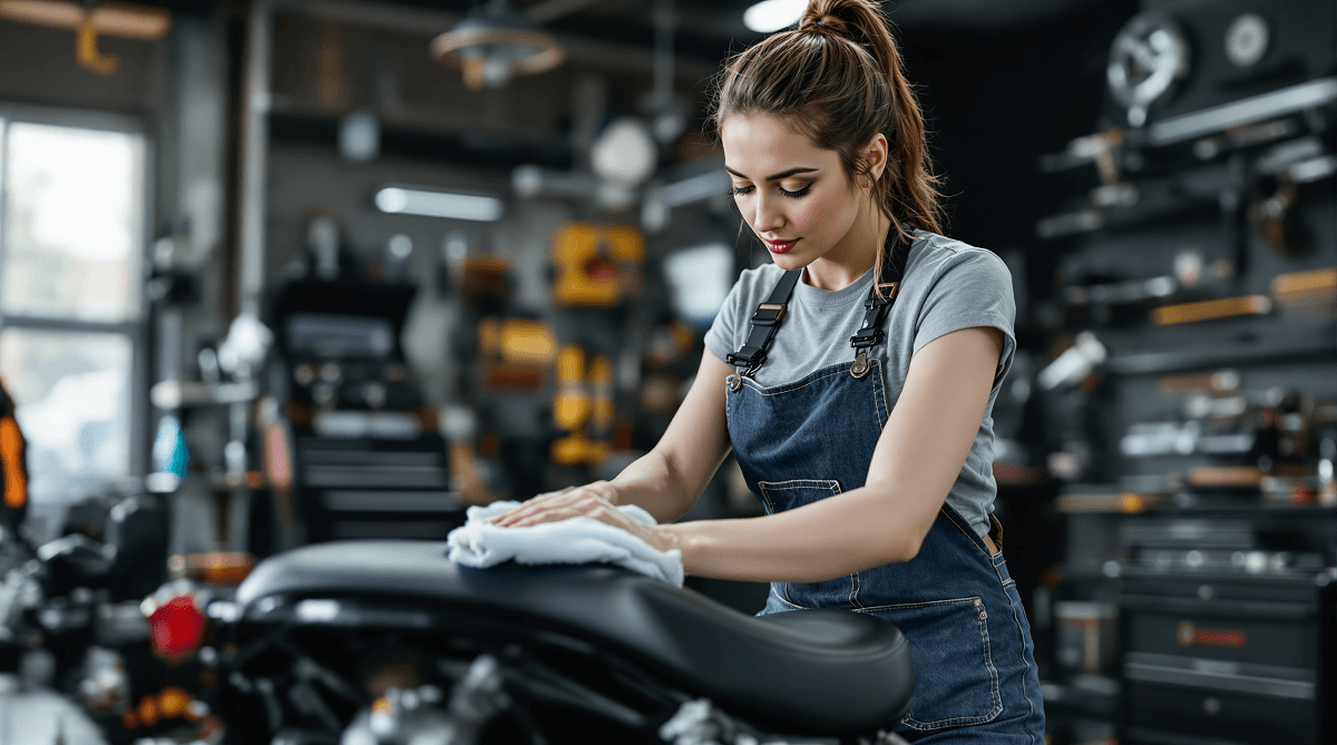 Paní ošetřuje koženkové sedlo na motorku