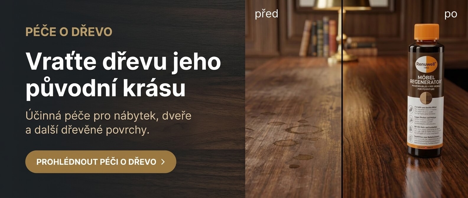 Renuwell Möbel Regenerator – proměna poškozeného dřevěného povrchu před a po ošetření.