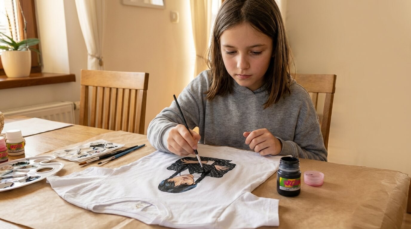 Holčička kreslí Wednesday Adamsovou pomocí barev na textil Kresba